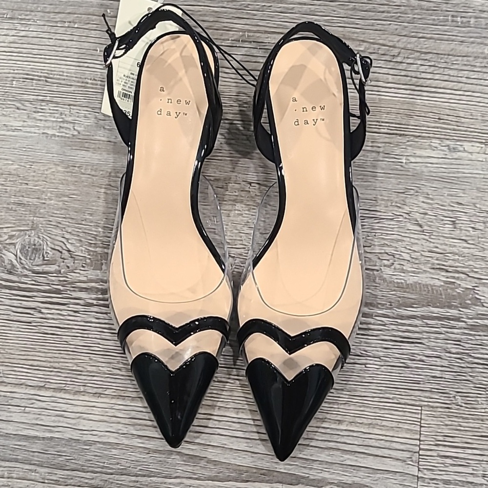 RESTOCKED a new day Eleanor Black and Clear Heart  Slingback Heels - Picture 4 of 5
